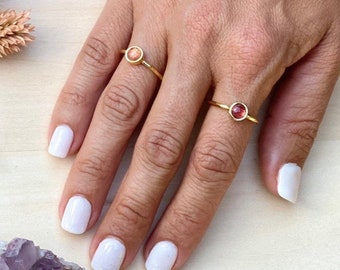 Gold Plated Pink Tourmaline Ring, Adjustable Stacking Ring
