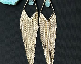 Long Blue Aquamarine Tassel Earrings, 18K Gold Fringe, AAA Gemstone Jewelry