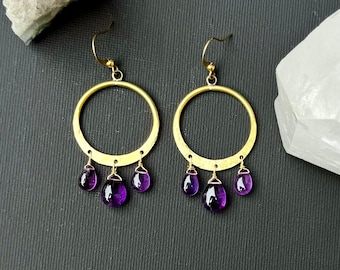 Amethyst Gemstone Hoop Earrings, Amethyst Teardrop Chandelier Earrings, Purple Amethyst Drop Earrings, African Amethyst, Amethyst Jewelry