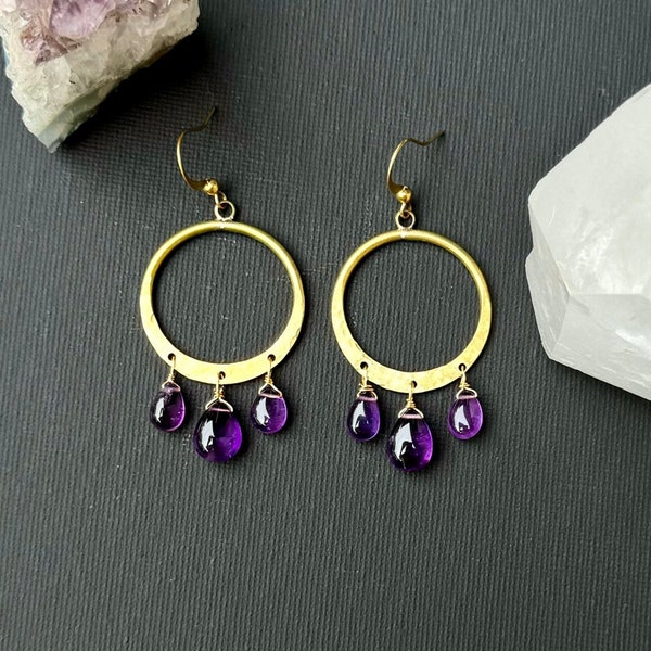 Amethyst Gemstone Hoop Earrings, Amethyst Teardrop Chandelier Earrings, Purple Amethyst Drop Earrings, African Amethyst, Amethyst Jewelry