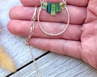 925 Sterling Silver Watermelon Tourmaline Bar Pendant Necklace