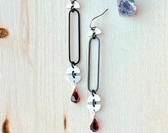 Genuine Garnet Earrings, Mixed Metal Garnet Drop Earrings, Long Oval Crescent Red Gemstone Earrings, Black and Silver Gemstone Earrings
