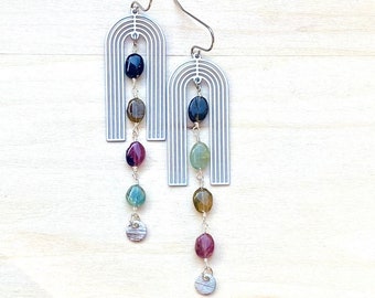 Long Arc Earrings, Tourmaline Earrings, Silver U Shaped Tourmaline Dangle Earrings, Rainbow Arch Earrings, Geometric Gemstone Earrings