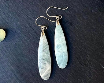 Sterling Silver Aquamarine Teardrop Earrings, Hand Carved Dangles