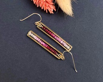 Long Ombre’ Ruby Earrings, Gold Rectangle Bar Ruby Dangles, Ruby Gemstone Jewelry for Women, July Birthstone