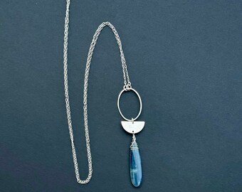 Long Silver Blue Kyanite Necklace,Kyanite Crystal Necklace, Kyanite Jewelry, Blue Gemstone Necklace, Smooth Kyanite Pendant Necklace