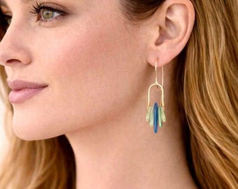Raw Kyanite Chandelier Earrings, Gold Brass Arch, Denim Blue and Green Gemstone