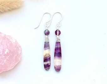 Sterling Silver Rainbow Fluorite Teardrop Earrings, Gemstone Dangles