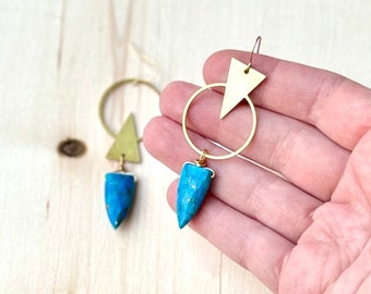 Gold Turquoise Earrings, Blue Gemstone Earrings, Triangle Stone Earrings, Genuine Turquoise Dangle, December Birthstone Earrings, Boho Drops