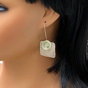 Handmade Sterling Silver Prehnite Stone Earrings, Hammered Pewter