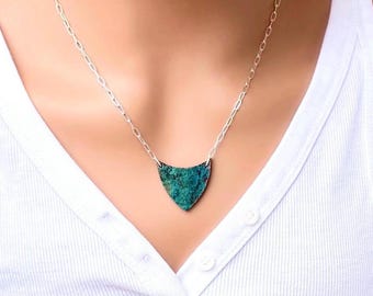 Hand Carved Parrot Wing Chrysocolla Pendant Necklace, 925 Sterling Silver