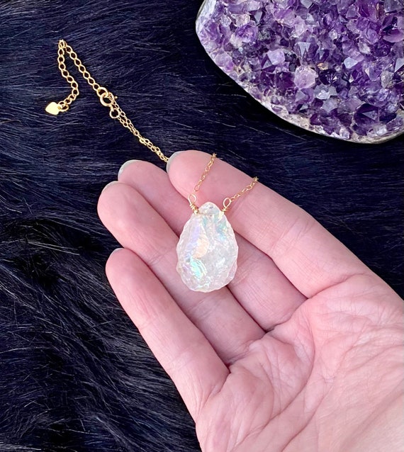 Rainbow Aura Quartz Silver / Gold Pendulum Crystal Necklace - Etsy |  Rainbow aura quartz, Crystal necklace, Crystal necklace etsy
