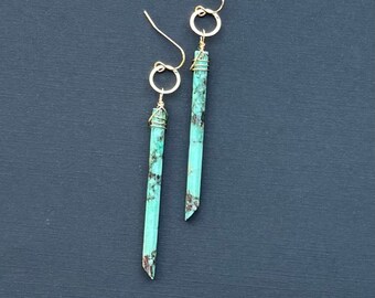 Chrysocolla Earrings, Long Chrysocolla Gold Earrings, Green Stone Earrings, Chrysocolla Jewelry, Matching Hand Carved Chrysocolla Earrings