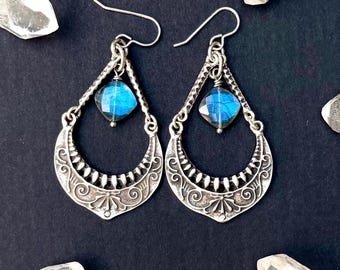 Mid Century Blue Labradorite Dangle Earrings, Antique Silver Plated Statement Jewelry