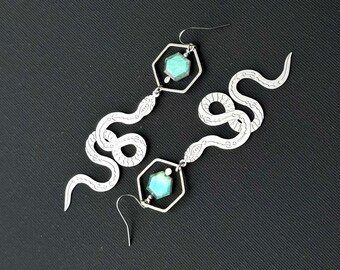 Etched Serpent Earrings, Hexagon Labradorite Gemstones, Antique Silver Plated, Hypoallergenic Wires
