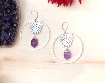 Amethyst Hoop Earrings Silver, Hexagon Amethyst Earrings, February Birthstone Gift, Unique Stone Earrings, Hammered Leaf and Stone Earrings