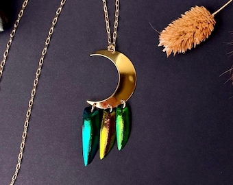 Iridescent Blue Red and Green Elytra Beetle Wing Necklace For Women