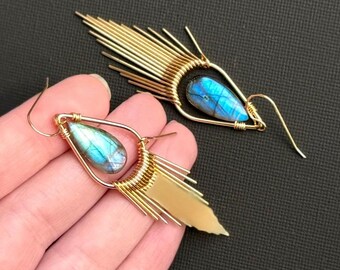 Labradorite Teardrop Fringe Earrings, Golden Brass Tassel Dangles, Bohemian Chandelier Gemstone Jewelry