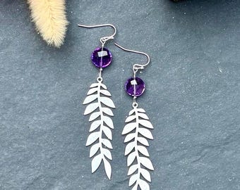Sterling Silver Leaf Earrings, Purple Amethyst, Wanderlust Jewelry