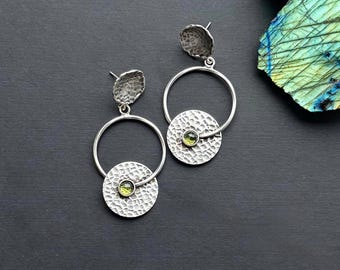 Silver Etched Peridot Dangle Hoop Earrings, August Birthstone
