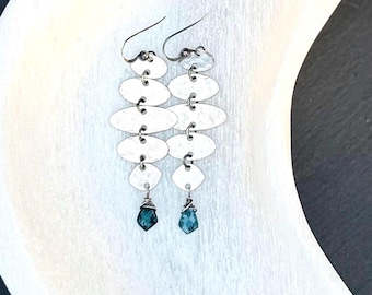 Oxidized Sterling Silver Moss Kyanite Drop Earrings, Hammered Ovals