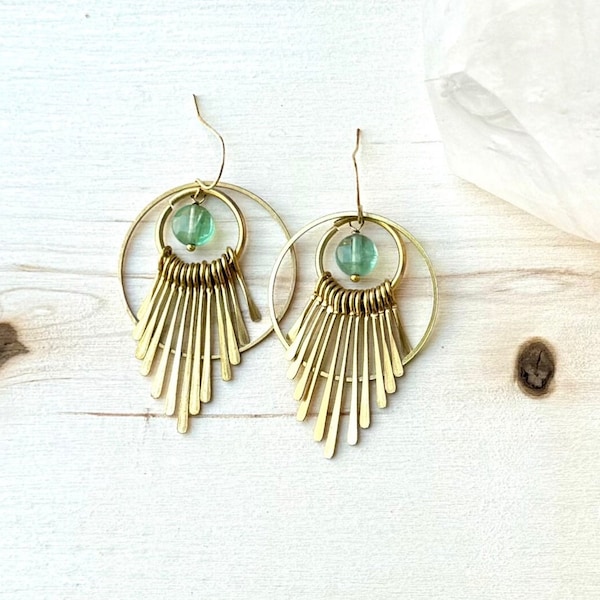 Gold Fringe Earrings, Fluorite Dangle Earrings, Fluorite Jewelry, Gold Fringe Gemstone Earrings, Green Gemstone Earrings, Gold Boho Earrings