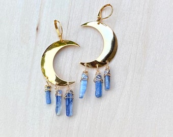 Gold Crescent Moon Earrings, Blue Kyanite Earrings, Raw Crystal Earrings, Crystal Moon Earrings, Raw Kyanite Dangles, Moon Jewelry