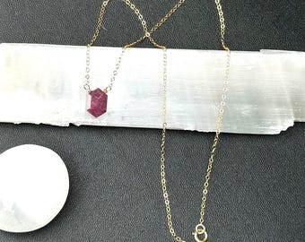 14K Gold Filled Ruby Necklace: Genuine Hexagon Gemstone, July Birthstone