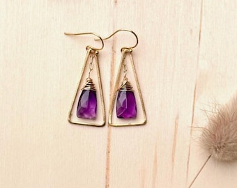 Matte Gold Triangle Amethyst Earrings, Deep Purple Gemstone Dangles, Everyday Jewelry