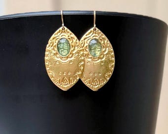 Mint Green Kyanite Earrings, Gold Bohemian Style Jewelry, Faceted Green Gemstone Dangles, Gift Idea for Women