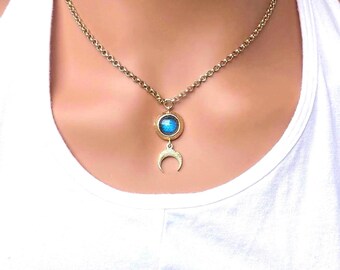 Labradorite Moon Pendant Necklace, Golden Brass Celestial Statement Jewelry, Adjustable Chain