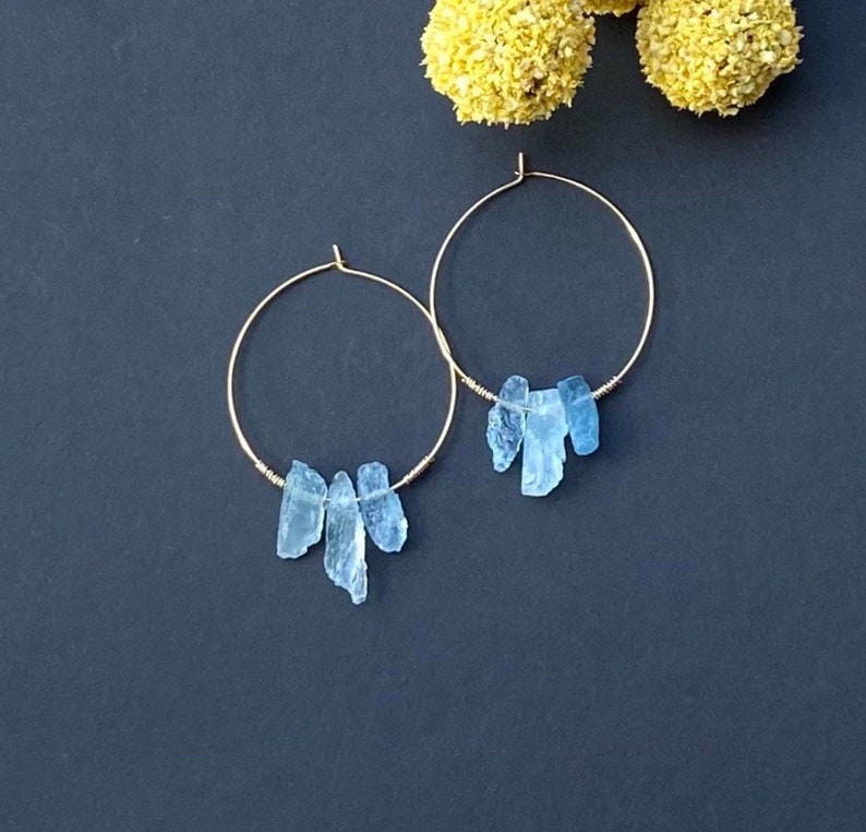 Raw Aquamarine Earrings, Gold Filled Aquamarine Crystal Hoops, Raw Gemstone Hoops, March Birthstone Earrings, Aquamarine Slice Hoops image 2