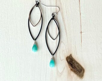 Amazonite Drop Earrings, Mixed Metal Blue Stone Earrings, Unique Black and Silver Marquise Earring Drops, Amazonite Jewelry, Geometric Drops