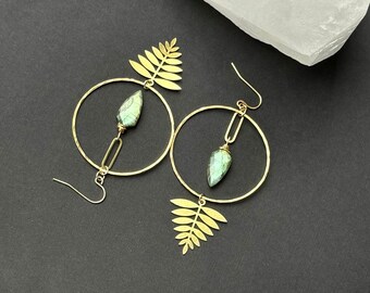 Flashing Stone Hoops, Labradorite Gemstone Earrings, Acadia Leaf Dangle Earrings, Bohemian Earrings For Women, Statement Stone Earrings