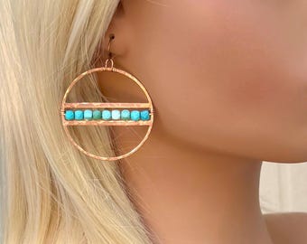 Hammered Copper Turquoise Hoop Earrings, Ombré Gemstone Dangle Earrings