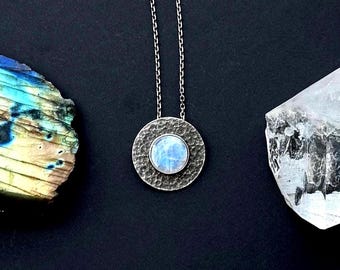 Hammered Oxidized Silver Rainbow Moonstone Necklace, Adjustable Chain