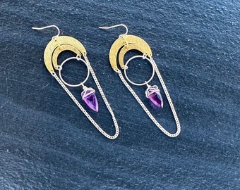 Mixed Metal Amethyst Stone Earrings, Unique Amethyst Earrings For Women, February Birthstone Earrings, Purple Amethyst Gemstone Earrings