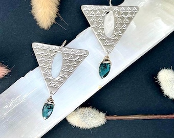 Sterling Silver Moss Kyanite Dangle Earrings, Bohemian Triangle Drops