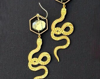 Golden Serpent Earrings, Etched Brass, Labradorite Gemstone Drops, 24K Gold Plated Wires