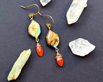 Labradorite and Carnelian Earrings, Gold Multi Gemstone Dangles, Bohemian Hexagon and Pear Drops