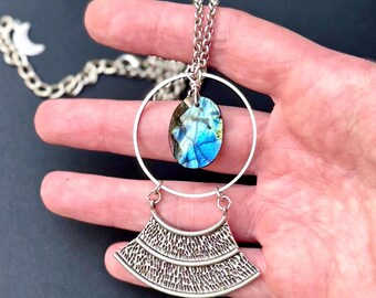 Faceted Labradorite Pendant Necklace, Antique Silver Bohemian Style