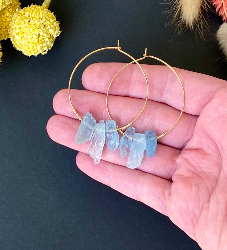 Raw Aquamarine Earrings, Gold Filled Aquamarine Crystal Hoops, Raw Gemstone Hoops, March Birthstone Earrings, Aquamarine Slice Hoops image 4