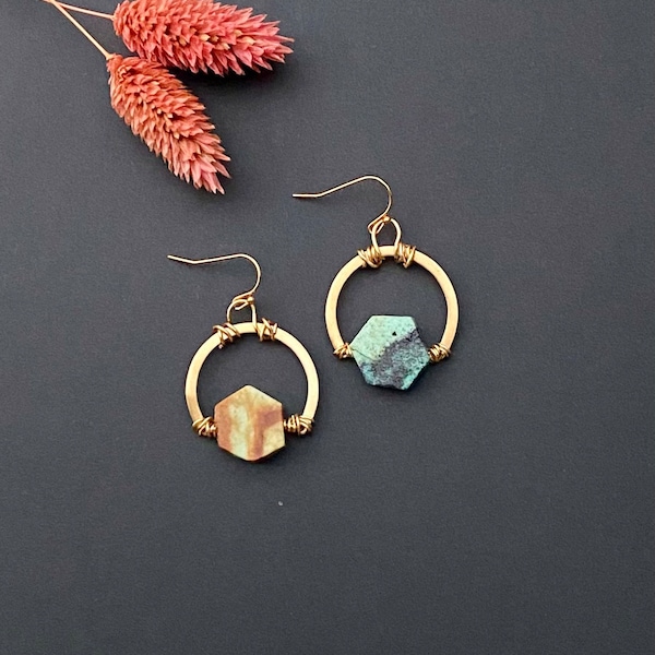 Chrysocolla Earrings, Gold Gemstone Hoops, Stone Hoops, Chrysocolla Jewelry, Raw Chrysocolla Earrings, Unique Gemstone Earrings, Boho Drops