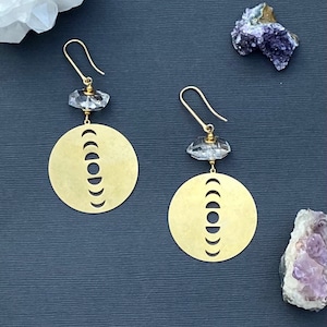 Moon Phase Earrings,Gemstone Earrings, Herkimer Diamond Earrings, Gift Idea Earrings, Gold Quartz Hoops, Bohemian Diamond Earrings
