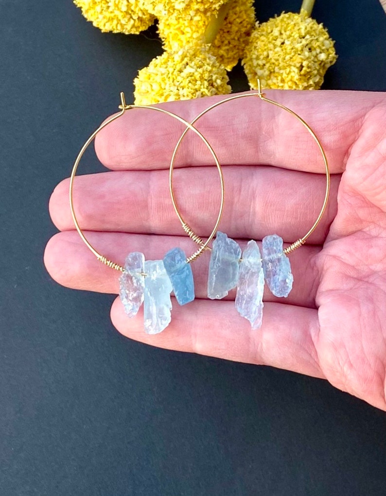 Raw Aquamarine Earrings, Gold Filled Aquamarine Crystal Hoops, Raw Gemstone Hoops, March Birthstone Earrings, Aquamarine Slice Hoops image 10
