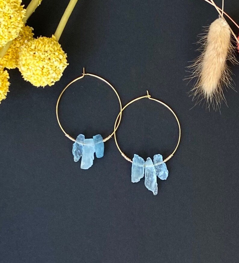 Raw Aquamarine Earrings, Gold Filled Aquamarine Crystal Hoops, Raw Gemstone Hoops, March Birthstone Earrings, Aquamarine Slice Hoops image 5