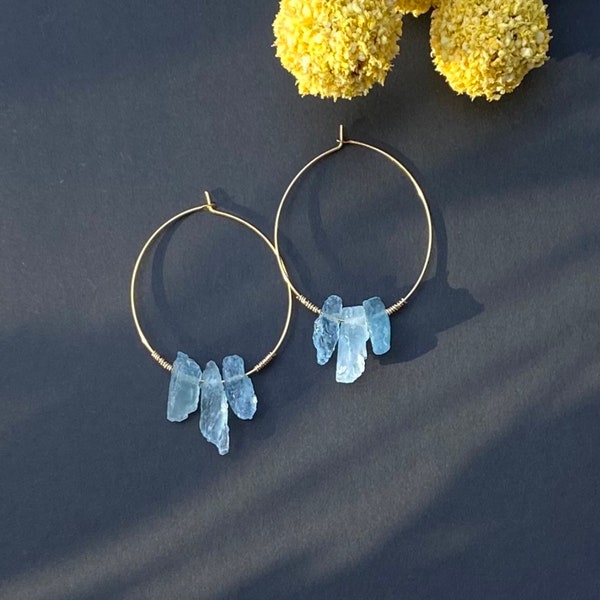 Raw Aquamarine Earrings, Gold Filled Aquamarine Crystal Hoops, Raw Gemstone Hoops, March Birthstone Earrings, Aquamarine Slice Hoops