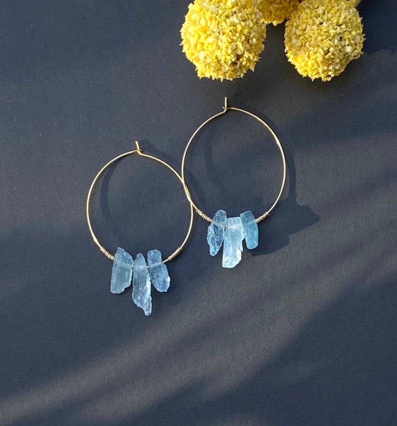 Raw Aquamarine Earrings, Gold Filled Aquamarine Crystal Hoops, Raw Gemstone Hoops, March Birthstone Earrings, Aquamarine Slice Hoops image 1