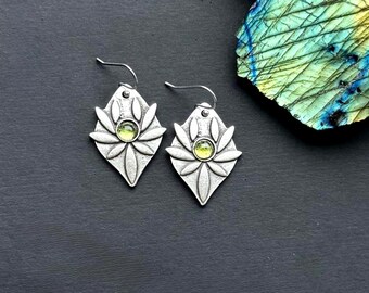 Peridot Leaf Earrings, Antique Silver, August Birthstone