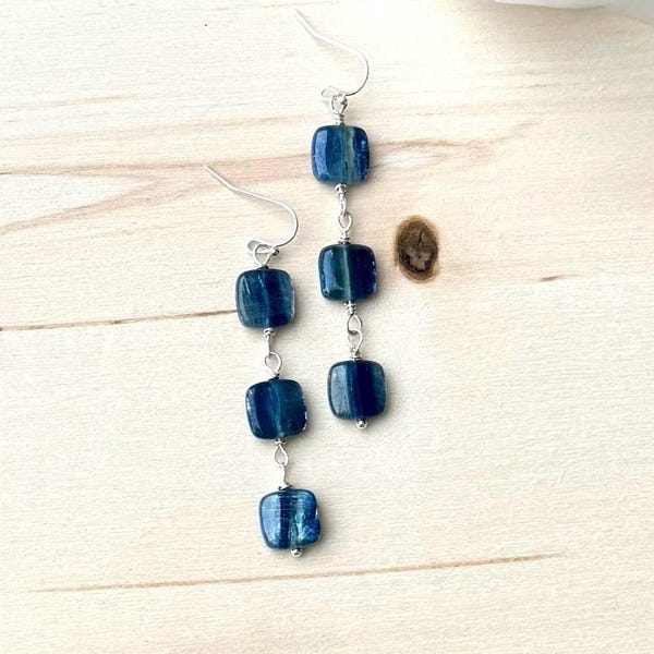 Sterling Silver Kyanite Cushion Dangle Earrings, Deep Blue Gemstone Jewelry